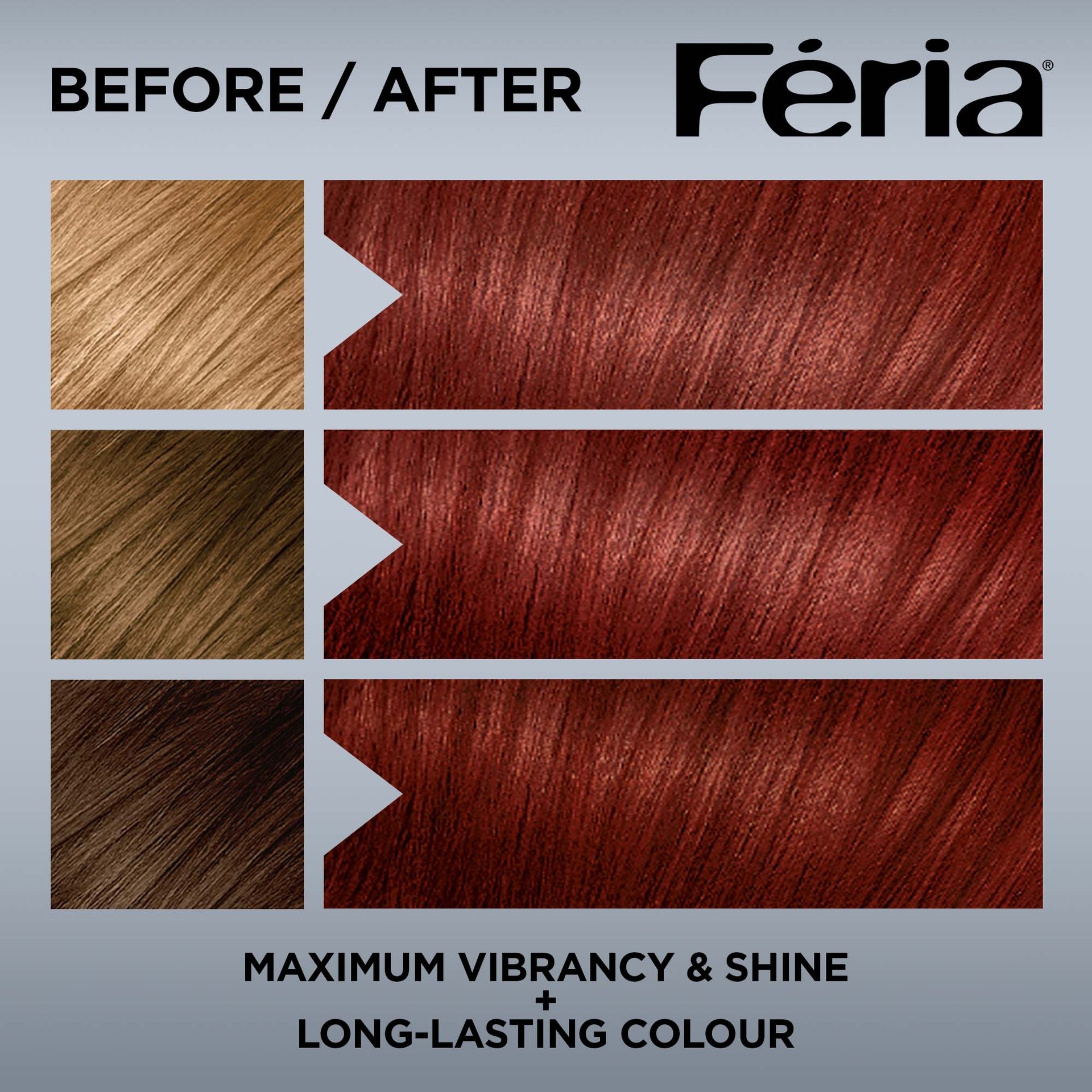 Hair before and after using Feria R68 Rich Auburn True Red